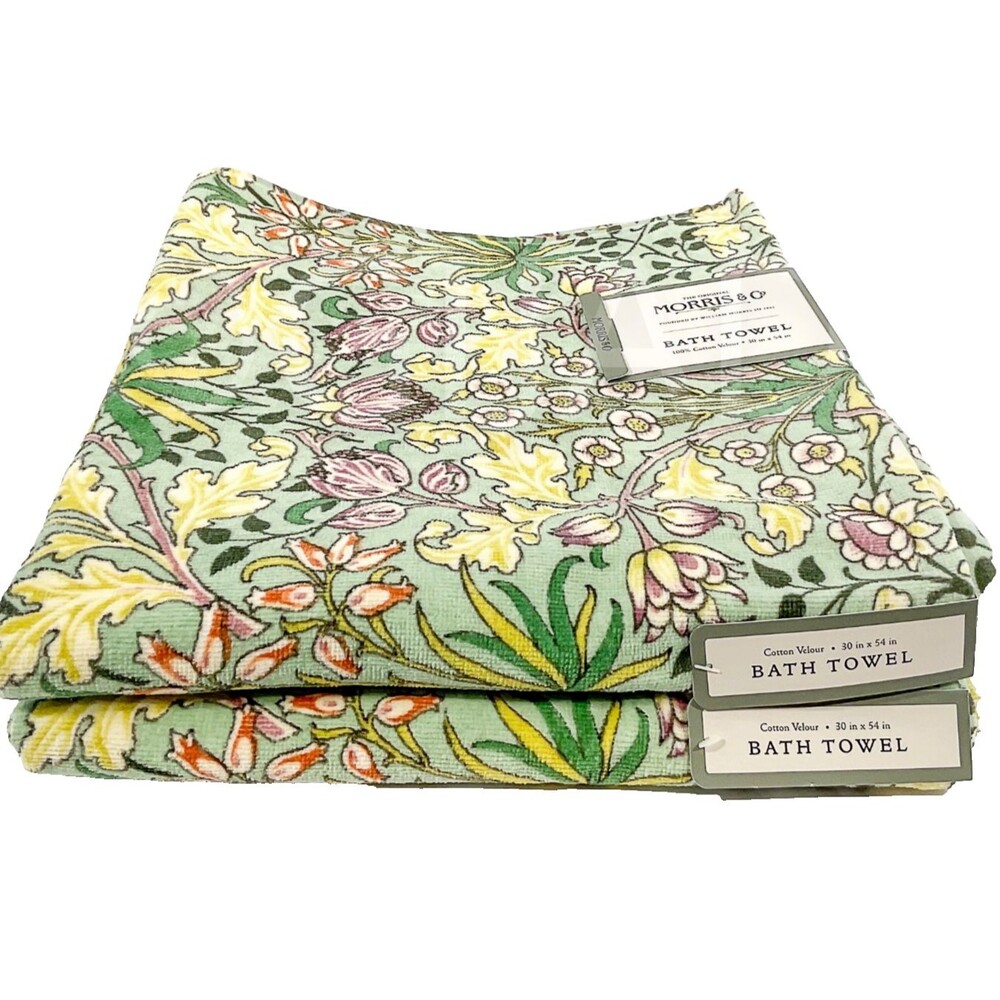 William Morris Set Of 2 Bath Towels Hyacinth Green Yellow Floral Cotton Velour